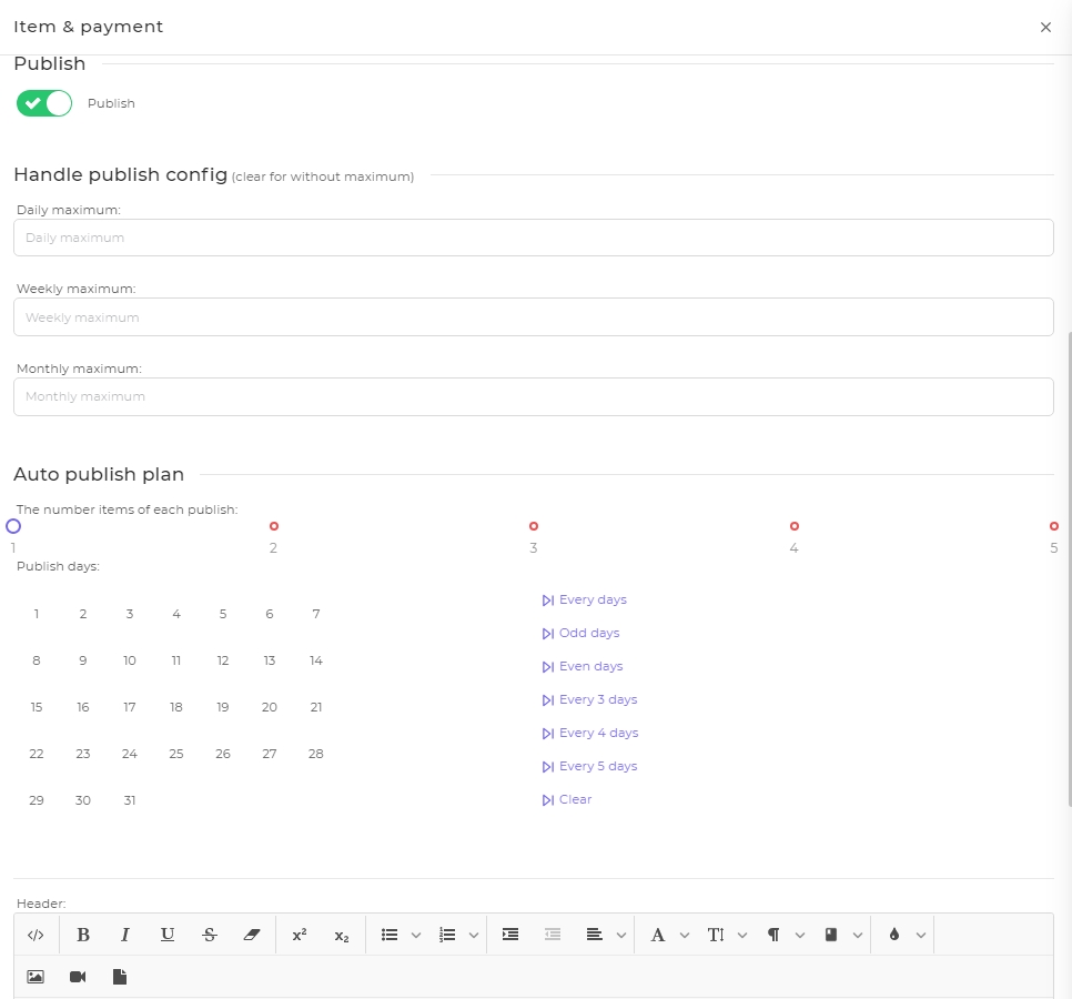 manage item payment schedule to push product to Ecommerce platfrom