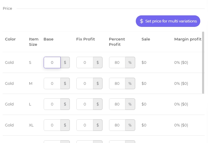 set price variation product - podorder.io