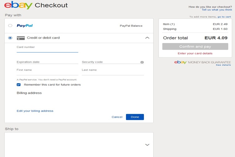 Pay with a credit or debit card at eBay checkout