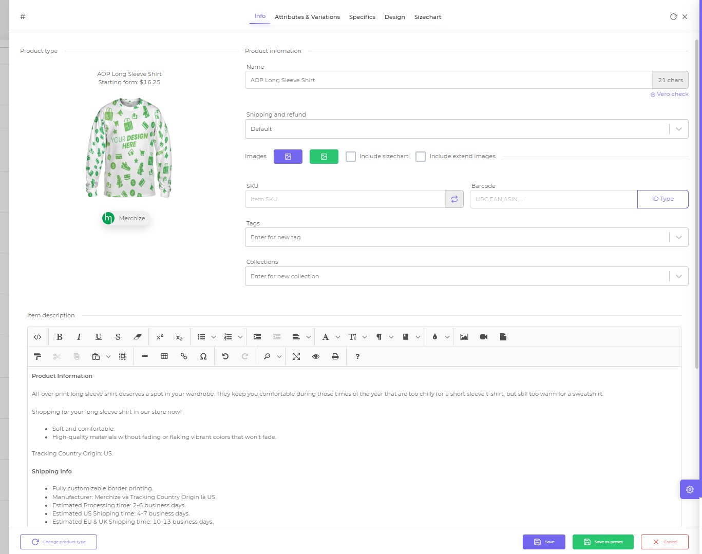 create internal product Shopify